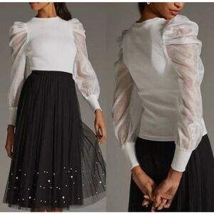 Anthropologie Dolan Sheer Puff Sleeve Ribbed Top Sweater Organza Ivory White‎ S